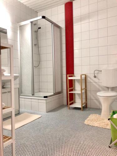La salle de bains est pourvue d'une douche et de toilettes. dans l'établissement Kobra Room, 4 Personen, à Spielberg