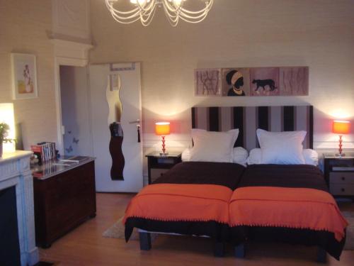 a bedroom with a bed with a guitar on the wall at Villa du Canal in Toulouse