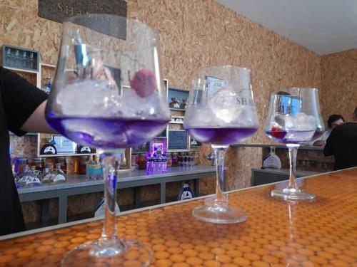 four wine glasses sitting on a counter in a bar at CasinhaD'Alice in Reguengos de Monsaraz