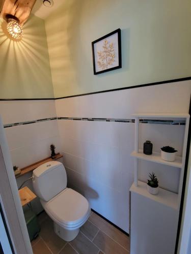 une salle de bain avec toilettes et un tableau au mur dans l'établissement La Mésange bleue, à Ognes