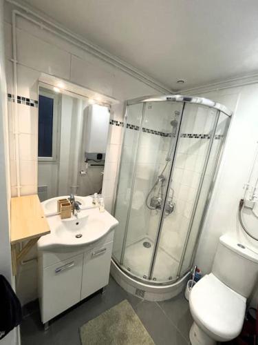 uma casa de banho com um chuveiro, um WC e um lavatório. em Paris: Appartement Batignolles em Paris