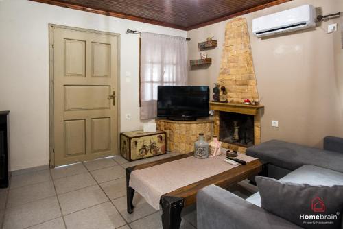 a living room with a couch and a fireplace at Sea Side House in Nea Chili