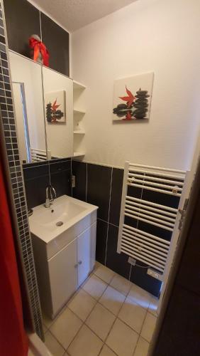 une salle de bain avec un lavabo blanc et un miroir dans l'établissement Joli T2 climatisé 70 dans un écrin de verdure 04000, à Digne-Les-Bains