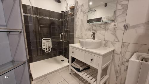 une petite salle de bain avec un lavabo et une douche dans l'établissement Appartement rénové, nice centre, proche commodités, à Nice