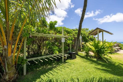 a garden with a bench and palm trees at Hidden Jewel in Haleiwa