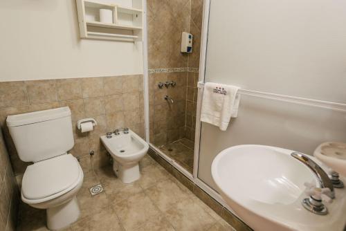 uma casa de banho com um WC, um lavatório e um chuveiro em Choconcito Apart Hotel em Ushuaia