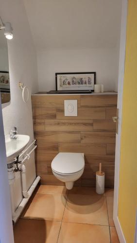 une salle de bain avec des toilettes blanches et un lavabo dans l'établissement Le REFUGE, à Kintzheim