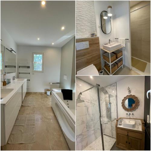 une salle de bain avec deux lavabos, une baignoire et une douche dans l'établissement Gardincour, à Fayence