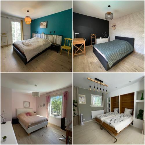 - trois photos d'une chambre avec deux lits et un bureau dans l'établissement Gardincour, à Fayence