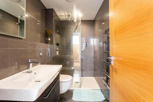 La salle de bains est pourvue d'un lavabo, de toilettes et d'une douche. dans l'établissement The Retreat, Sauna & Hot Tub, Charming & Cosy Gem, à Blandford Forum