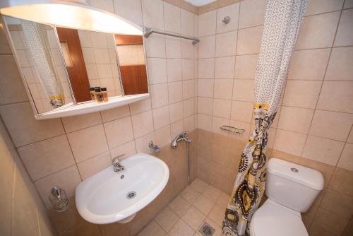 a bathroom with a sink and a toilet and a mirror at Elena Studios in Athanion