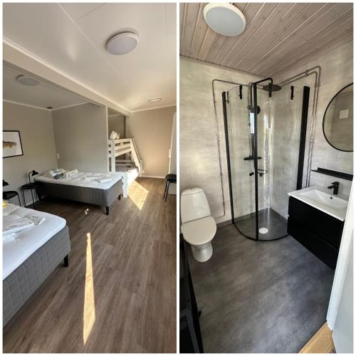 two photos of a bedroom with a shower and a bathroom at Perchlodge in Mönsterås