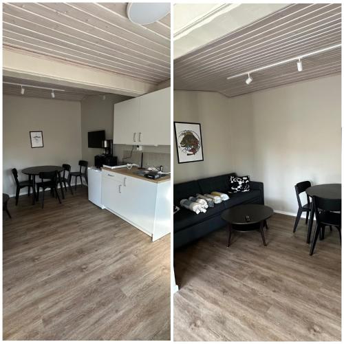 two photos of a living room and a kitchen and a dining room at Perchlodge in Mönsterås