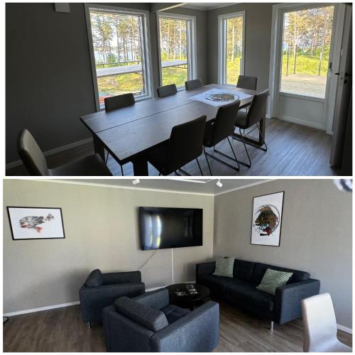 a living room and a dining room with a table and chairs at Perchlodge in Mönsterås