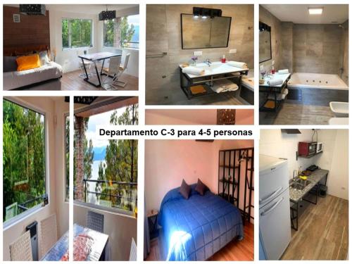 un collage de cuatro fotos de una habitación en Aucapillan en San Carlos de Bariloche