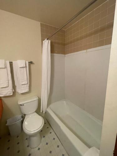 a bathroom with a toilet and a bath tub at Rawlins Western Lodge in Rawlins