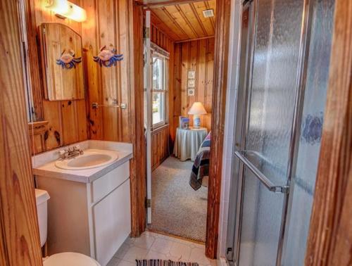 a bathroom with a shower and a sink and a toilet at Mamaws Spot in Hampstead