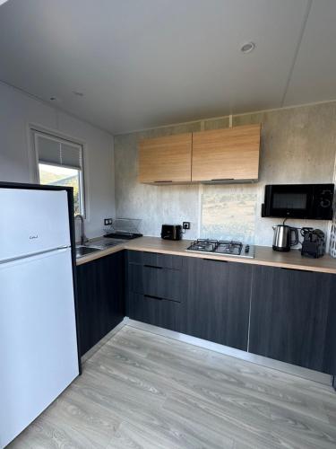 a kitchen with wooden cabinets and a white refrigerator at Les collines de lava in Appietto