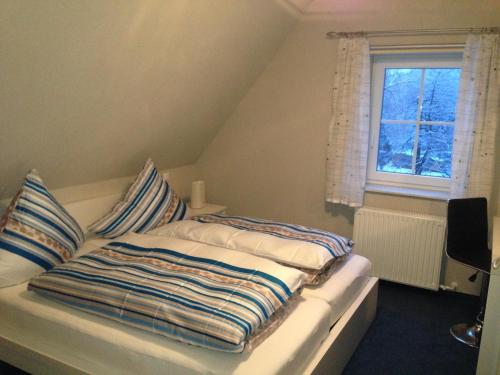 ein Bett mit Kissen darauf in einem Zimmer mit Fenster in der Unterkunft Ferienwohnung Hellerling in Ilsenburg