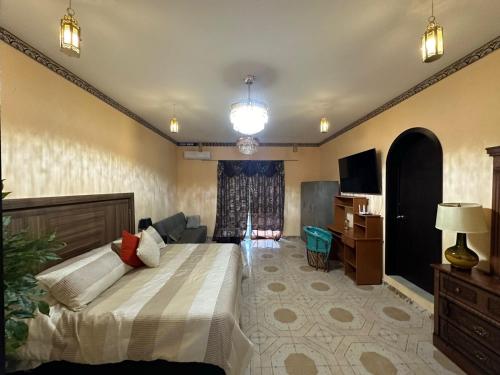 una camera da letto con un letto, un divano e una televisione di Hacienda Cúpulas Blue Private Residence Club a Cozumel