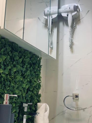 a bathroom with a green wall with a hair dryer at Adam Residence in Oradea