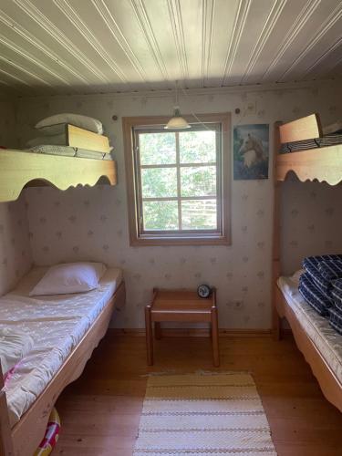 a room with two bunk beds and a window at Yngsjö, Aspvägen in Yngsjö