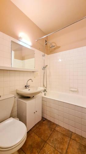 une salle de bain avec toilettes, lavabo et baignoire dans l'établissement Résidence Vega - Studio pour 4 Personnes 17, à Flaine