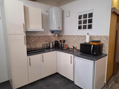 une cuisine avec des armoires blanches et un micro-ondes dans l'établissement Bords de Loire hypercentre Orléans 2 personnes, à Orléans