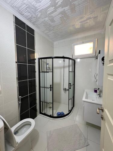uma casa de banho com um chuveiro, um WC e um lavatório. em Yavuz Luxury Apartments em Macka
