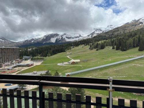 - une vue sur un champ verdoyant avec des montagnes enneigées dans l'établissement Charmant petit Appart au pieds des pistes pour 4pers, à Saint-Étienne-en-Dévoluy