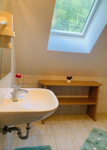a bathroom with a sink and a skylight at Apartments Grabenmühle in Maria Lankowitz