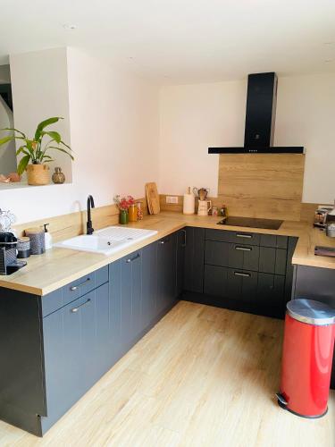 - une cuisine avec des placards noirs et un évier blanc dans l'établissement Le Patio, à Cébazan