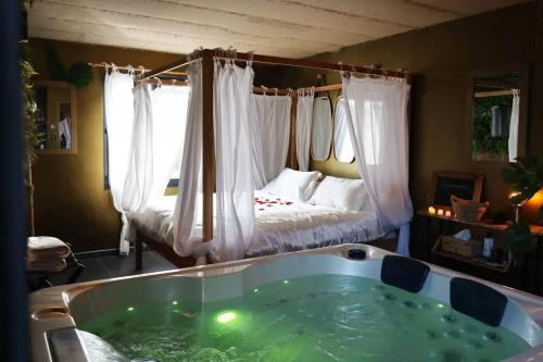 a bath tub in a room with a bed at Villa spacieuse et élégante en campagne à Fontvieille offrant sauna in Fontvieille