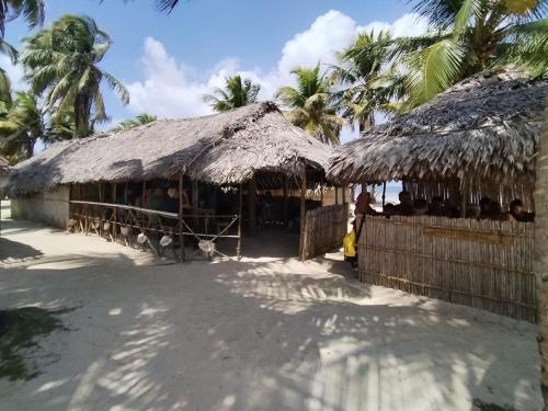 a hut with a straw roof and palm trees at Discovery Gunayar in Waisalatupo