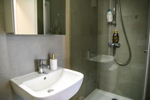 a bathroom with a sink and a shower at Apartman ZABOK CENTAR in Zabok