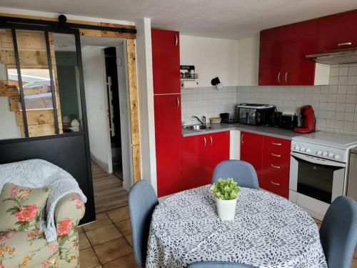 a kitchen with red cabinets and a table with a plant on it at La jolie Parenthèse in Longevilles-Mont-dʼOr