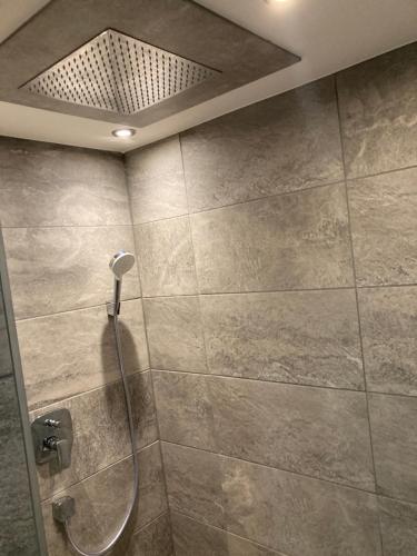 a shower with a shower head in a bathroom at Ferienwohnung Funke F4 für Monteure in Apolda