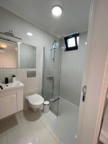 a white bathroom with a shower and a toilet at High Garden Villas in Sapanca