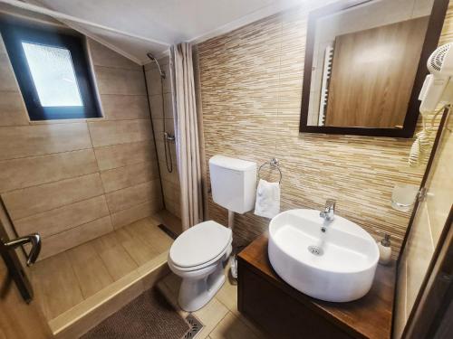 a bathroom with a white toilet and a sink at CABANA FRAM VÂRTOP in Vartop