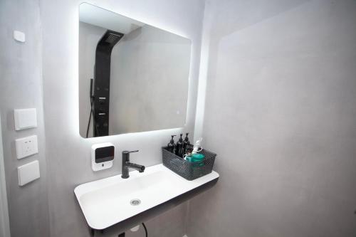 een badkamer met een wastafel en een spiegel bij Design Family Apartment in Leiden Center 6p & baby in Leiden