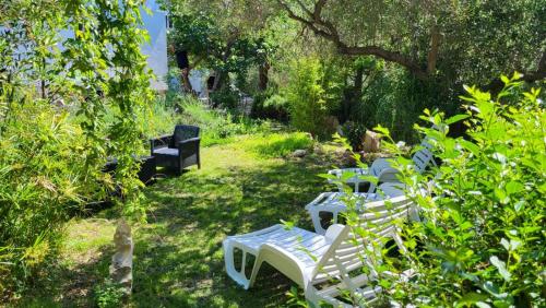 a group of white chairs sitting in the grass at Padova 2 in Rab