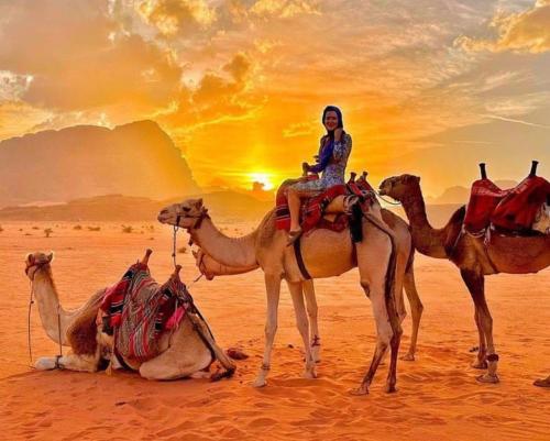 a woman riding on a camel in the desert at Moon city camp in Wadi Rum