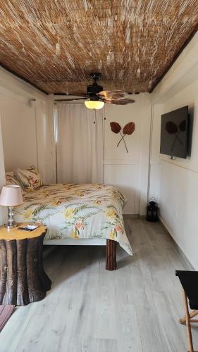 a bedroom with a bed and a wooden ceiling at Bella Noni B&B in Aguadilla