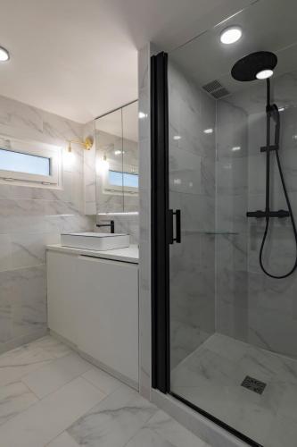 une salle de bain avec une douche en verre et un lavabo dans l'établissement Charming newly renovated apartment in the heart of Paris St Germain des Pres, à Paris