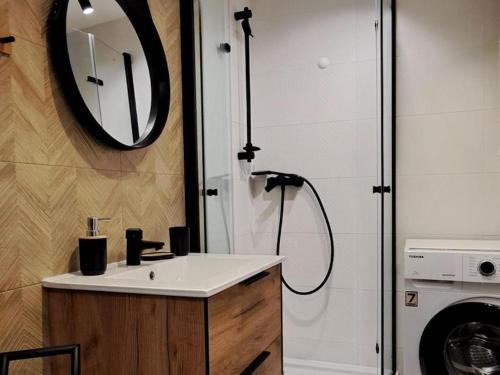 a bathroom with a sink and a mirror at Green apartament 21 in Oświęcim