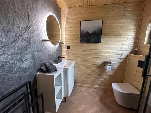 a bathroom with a sink and a toilet and a mirror at DOMKI Leśna Cisza jezioro Powidzkie dla 18 osób - 5D Apartments in Lipnica