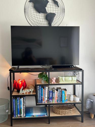 a television on a tv stand with books at Sunshine Seven in Salisbury