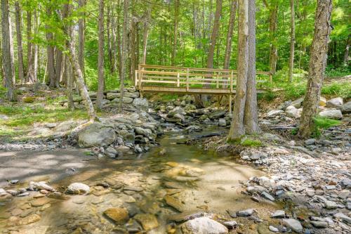 a wooden bridge over a stream in a forest at Hiking Trails On-Site Cozy Falls Brook Cabin in Williamsville Station