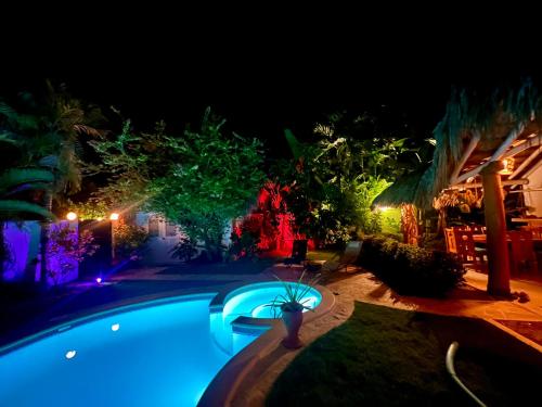 a swimming pool lit up at night with lights at Villa Clarissa No. 8 in Las Terrenas