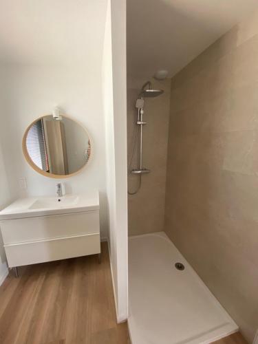 a bathroom with a sink and a mirror at Vue Mer Très belle plage à pied Maison proche Lesconil Loctudy in Loctudy